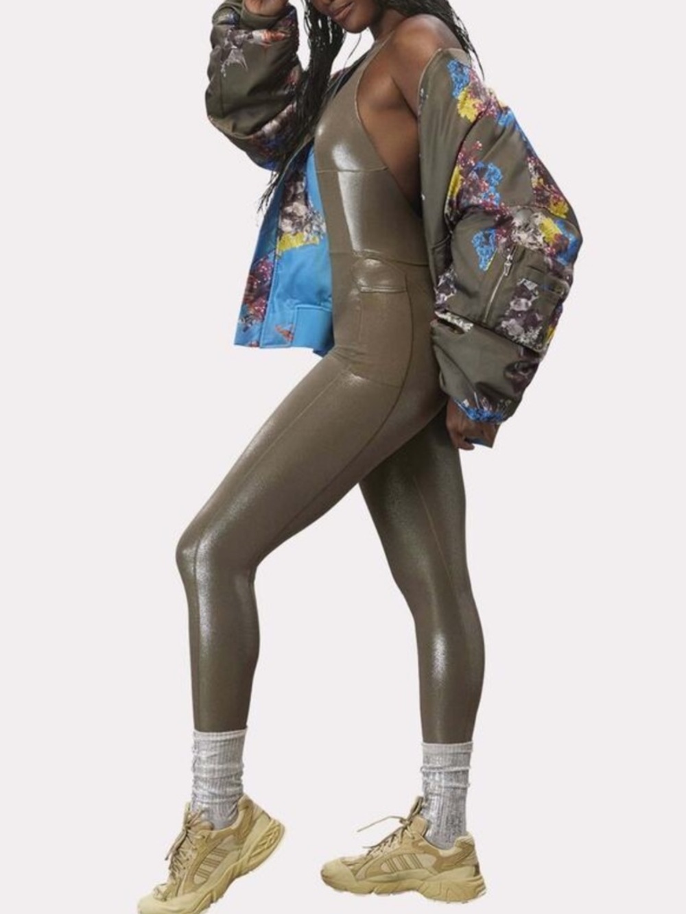 Shimmery Metallic Olive Green Sleeveless Catsuit